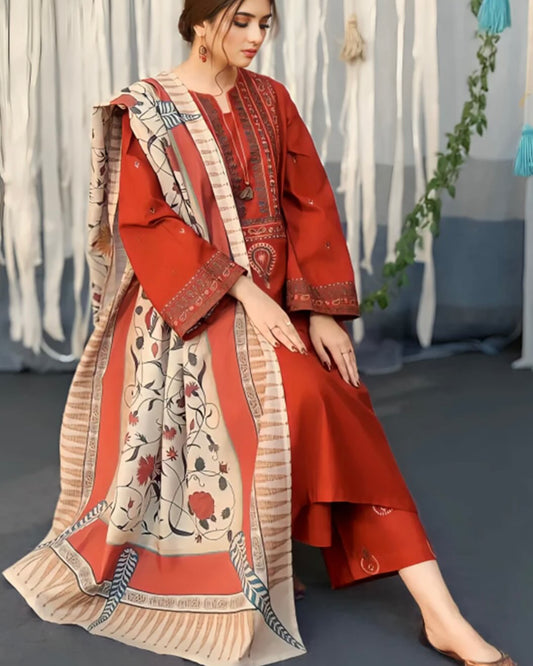 UROOJ  EMB 3Pc With MONAR DUPPATA