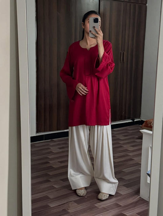 MEHROON / WHITE SET ( FARSHI SHALWAR )