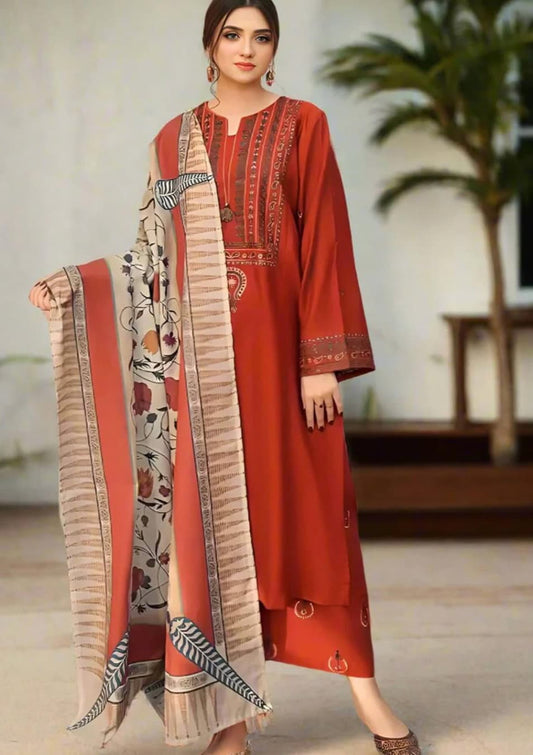 UROOJ  EMB 3Pc With MONAR DUPPATA